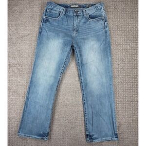 BKE Tyler Straight Leg Mens Jeans 36R 36x32 Blue Denim Distressed Thick Stitch